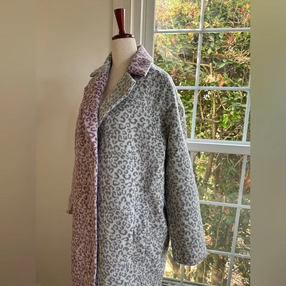 ASOS DESIGN PETITE Mix Gray Pink Leopard Cheetah Animal Print Brushed Coat - Picture 7 of 14